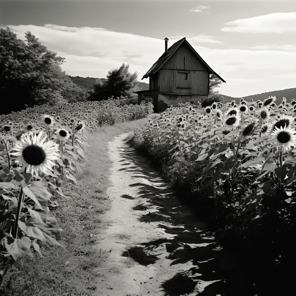 Illustration of a path through a sunflower field towards a hidden cottage - Image 1