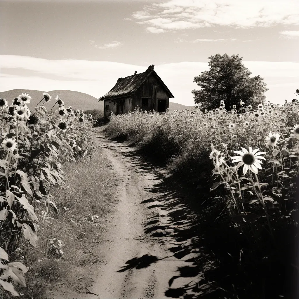 Illustration of a path through a sunflower field towards a hidden cottage - Image 2