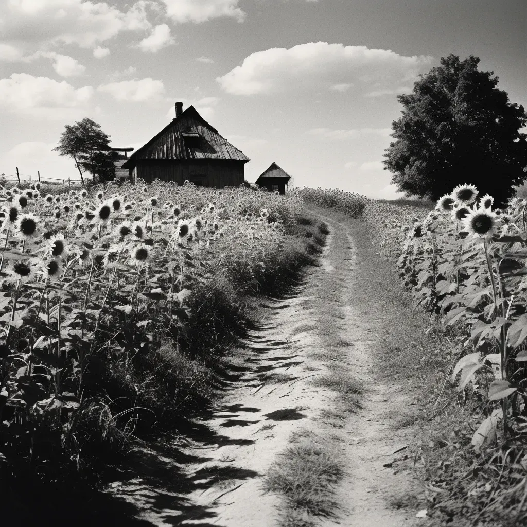 Illustration of a path through a sunflower field towards a hidden cottage - Image 3