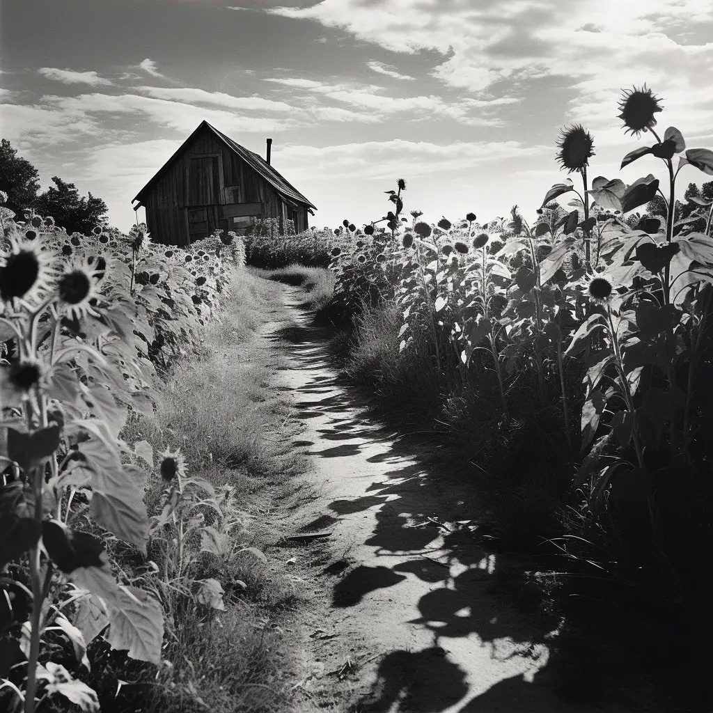 Illustration of a path through a sunflower field towards a hidden cottage - Image 4