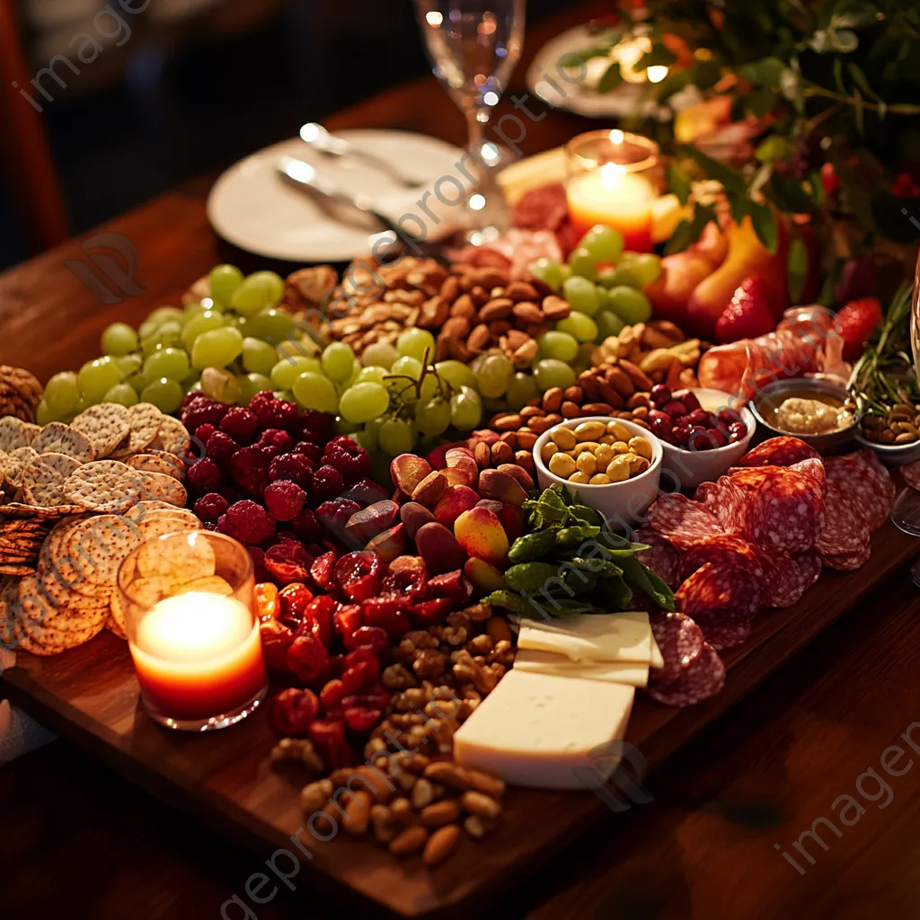 An elegant charcuterie board displaying fruits, nuts, and cheese. - Image 1