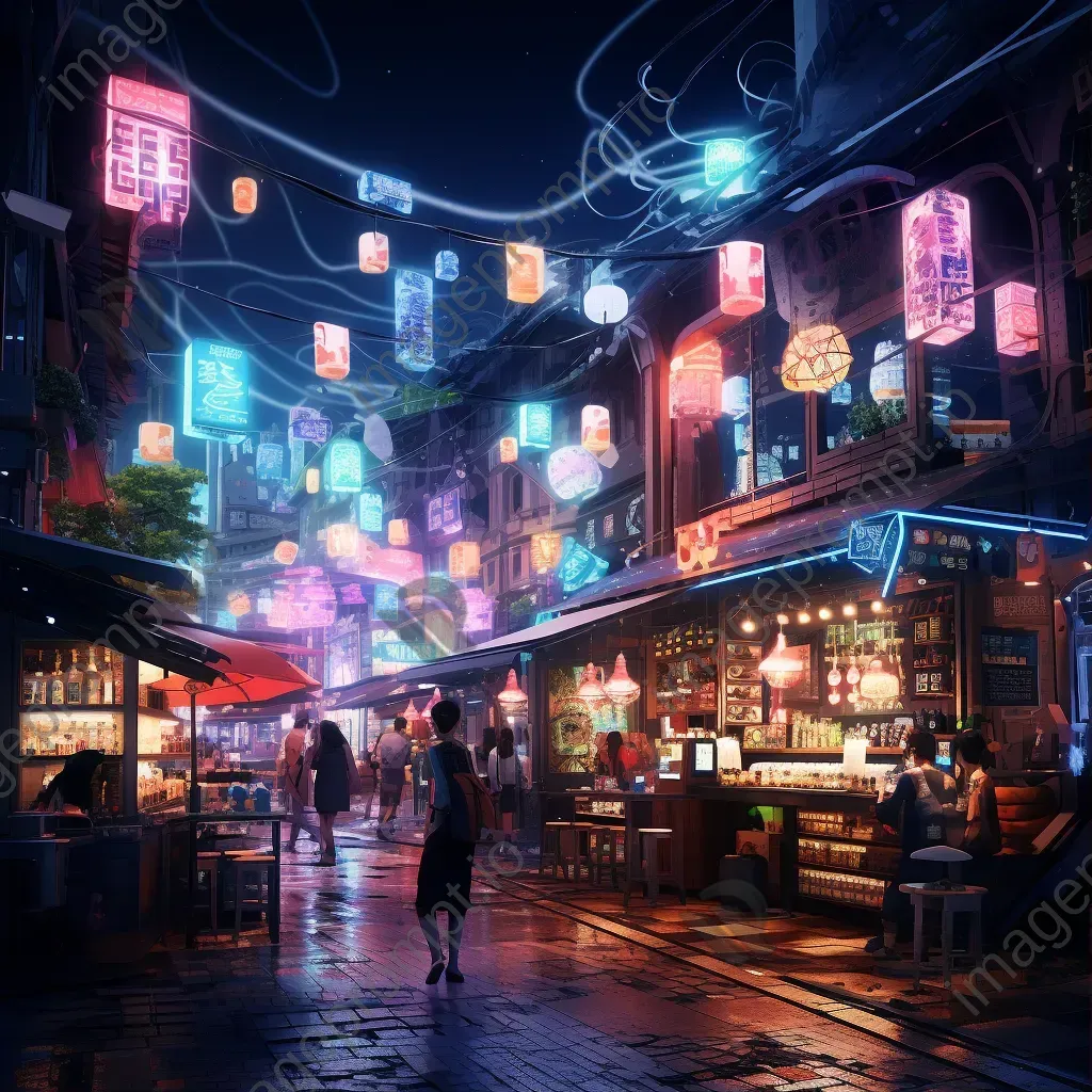 A bustling, detailed virtual marketplace with neon stalls and crypto transactions in form of animations - Image 1