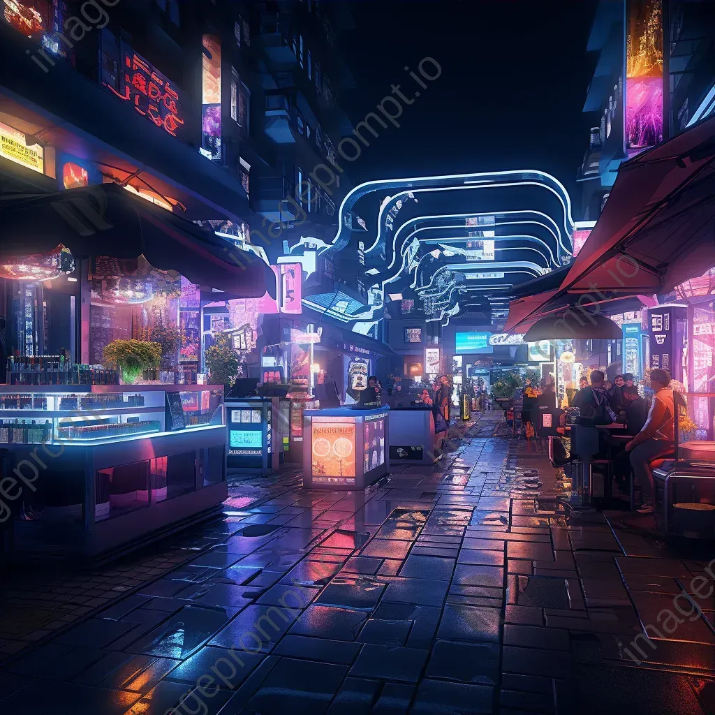 A bustling, detailed virtual marketplace with neon stalls and crypto transactions in form of animations - Image 3