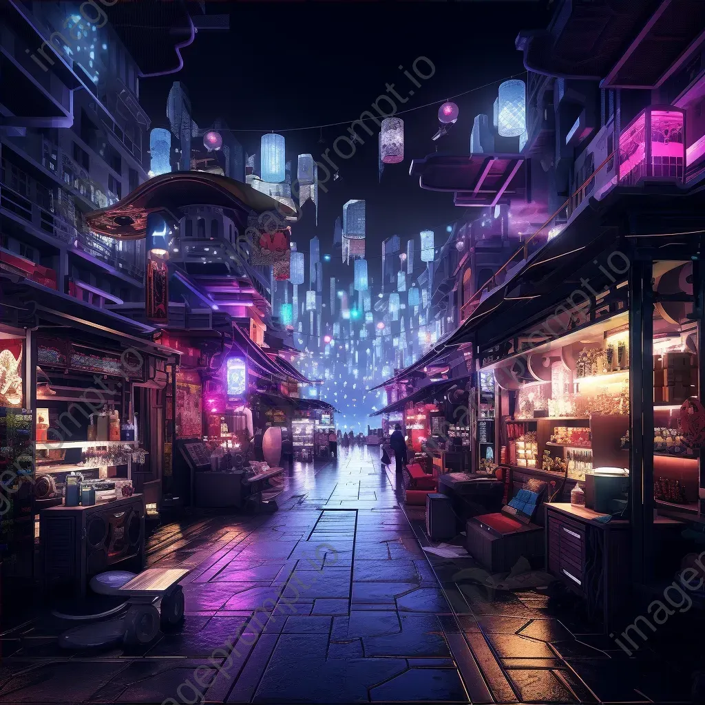 A bustling, detailed virtual marketplace with neon stalls and crypto transactions in form of animations - Image 4