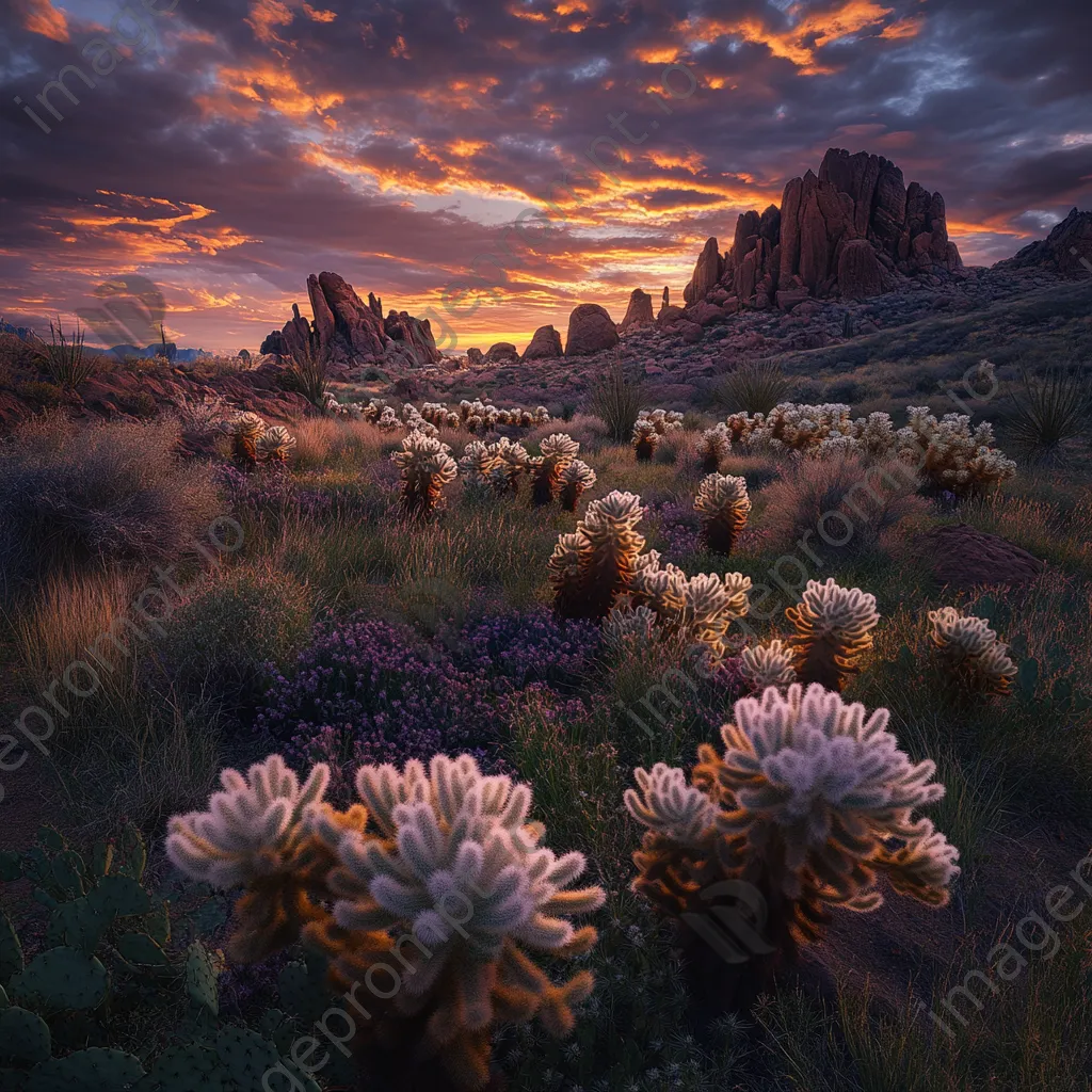 Desert spring with cacti during sunset - Image 1