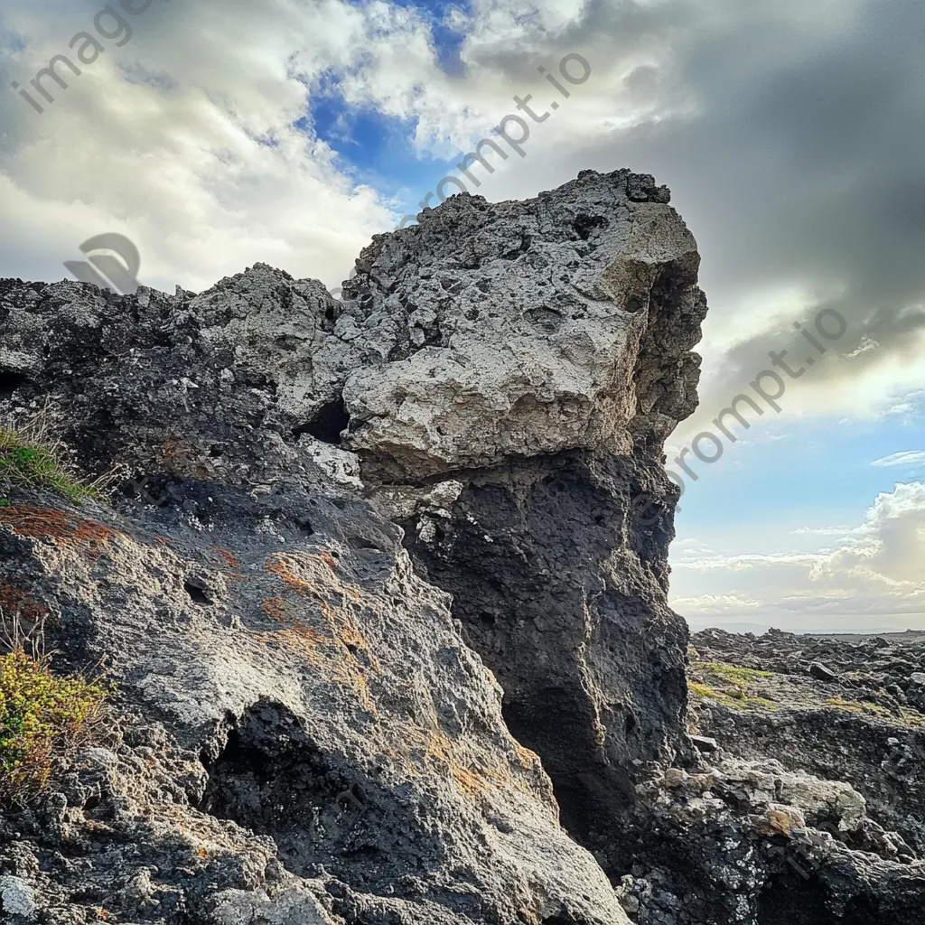 Wildly shaped volcanic rock cliffs with a bright cloudscape and rainbow. - Image 1