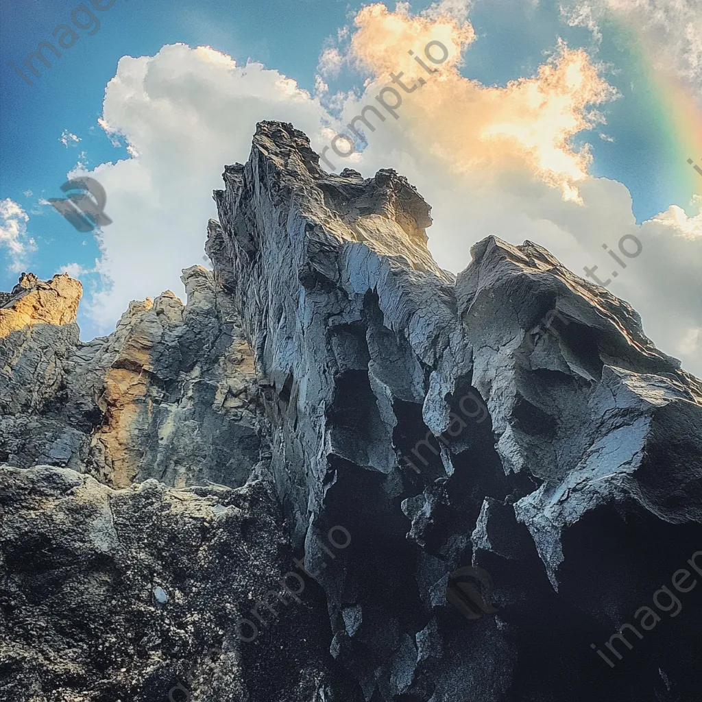 Wildly shaped volcanic rock cliffs with a bright cloudscape and rainbow. - Image 2