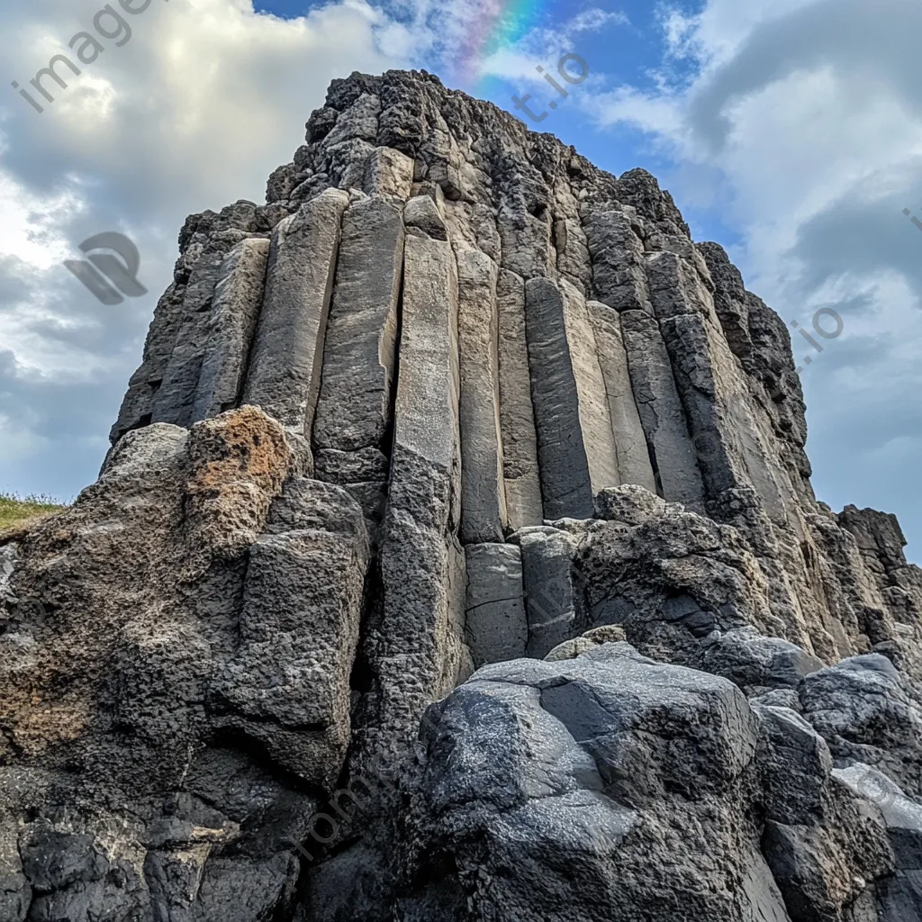 Wildly shaped volcanic rock cliffs with a bright cloudscape and rainbow. - Image 3