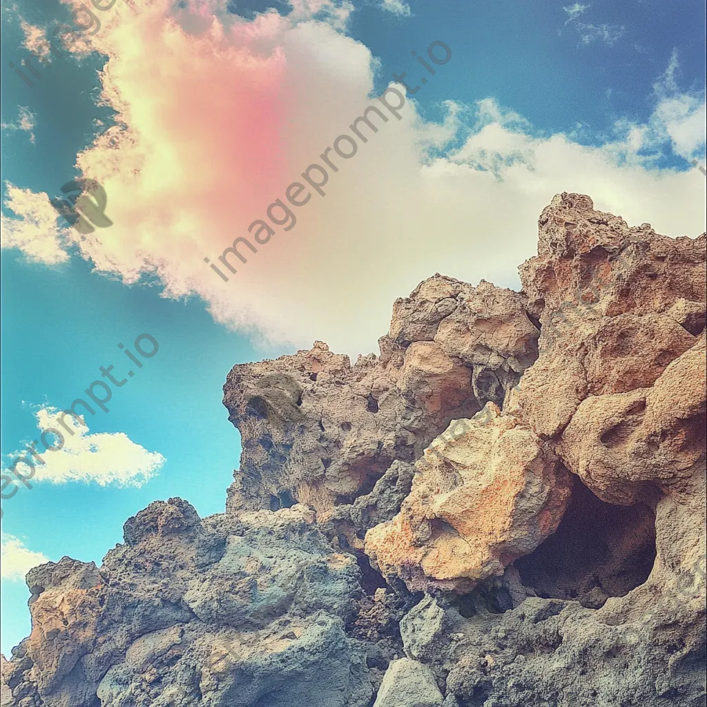 Wildly shaped volcanic rock cliffs with a bright cloudscape and rainbow. - Image 4