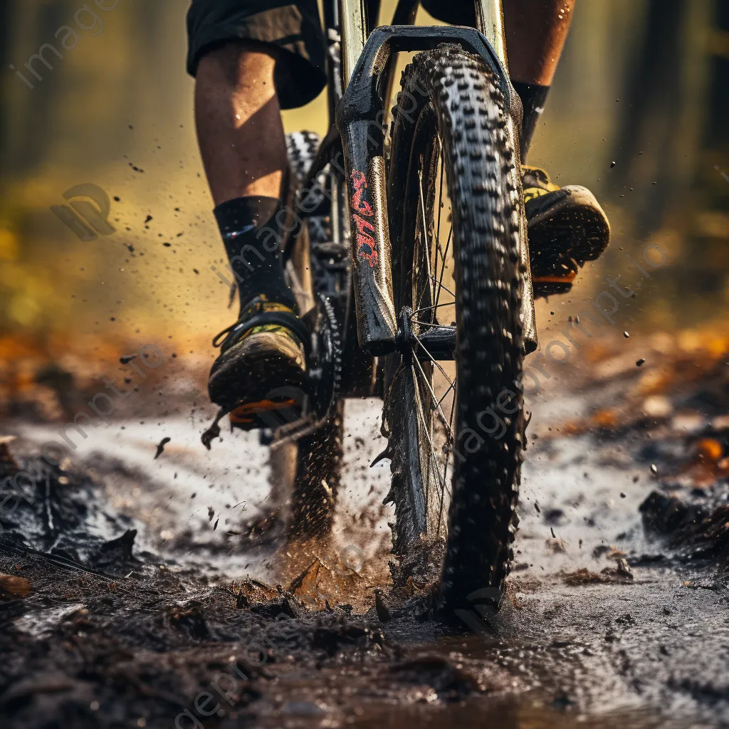 Close-up of a mountain bike tire in muddy terrain with surrounding forest. - Image 2