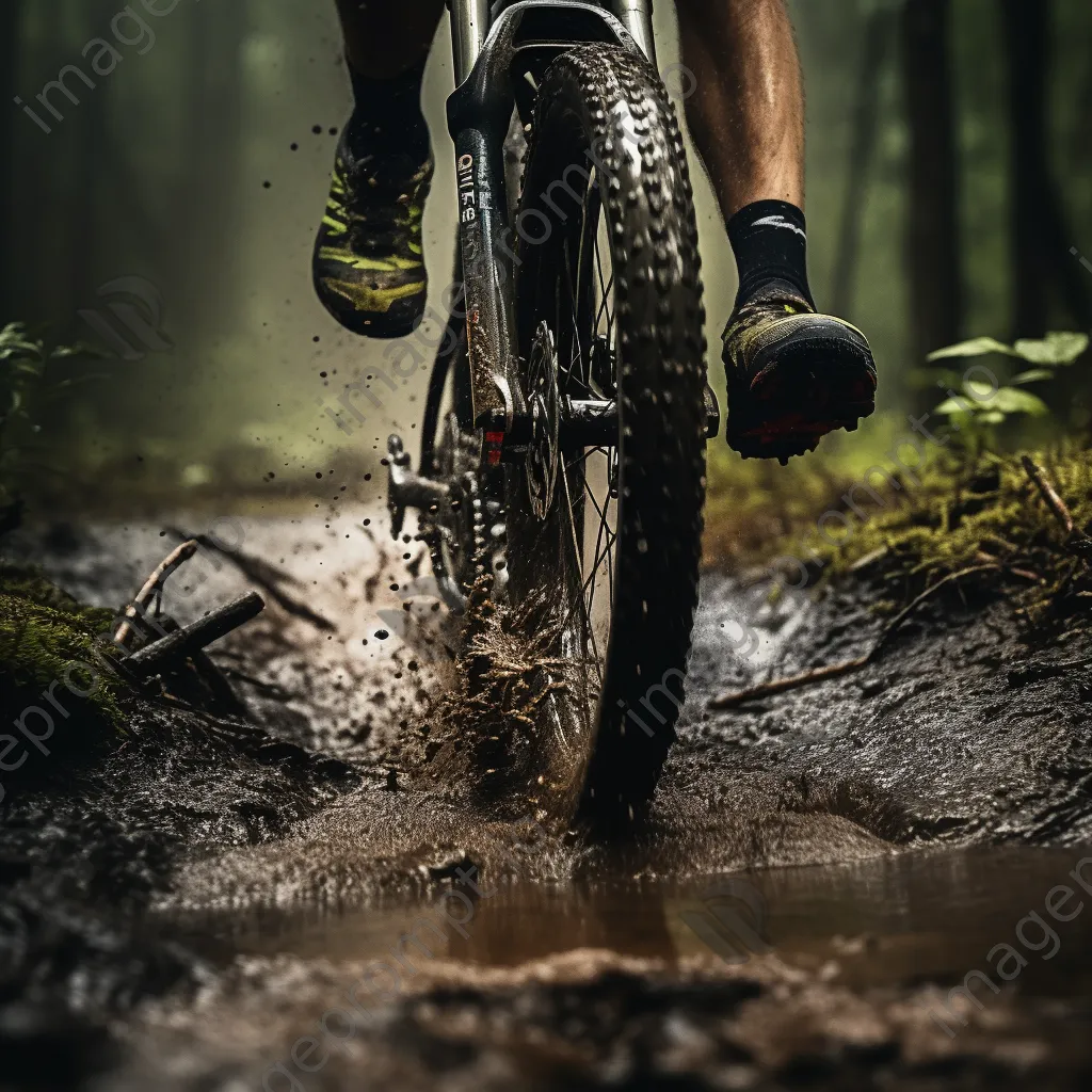 Close-up of a mountain bike tire in muddy terrain with surrounding forest. - Image 3