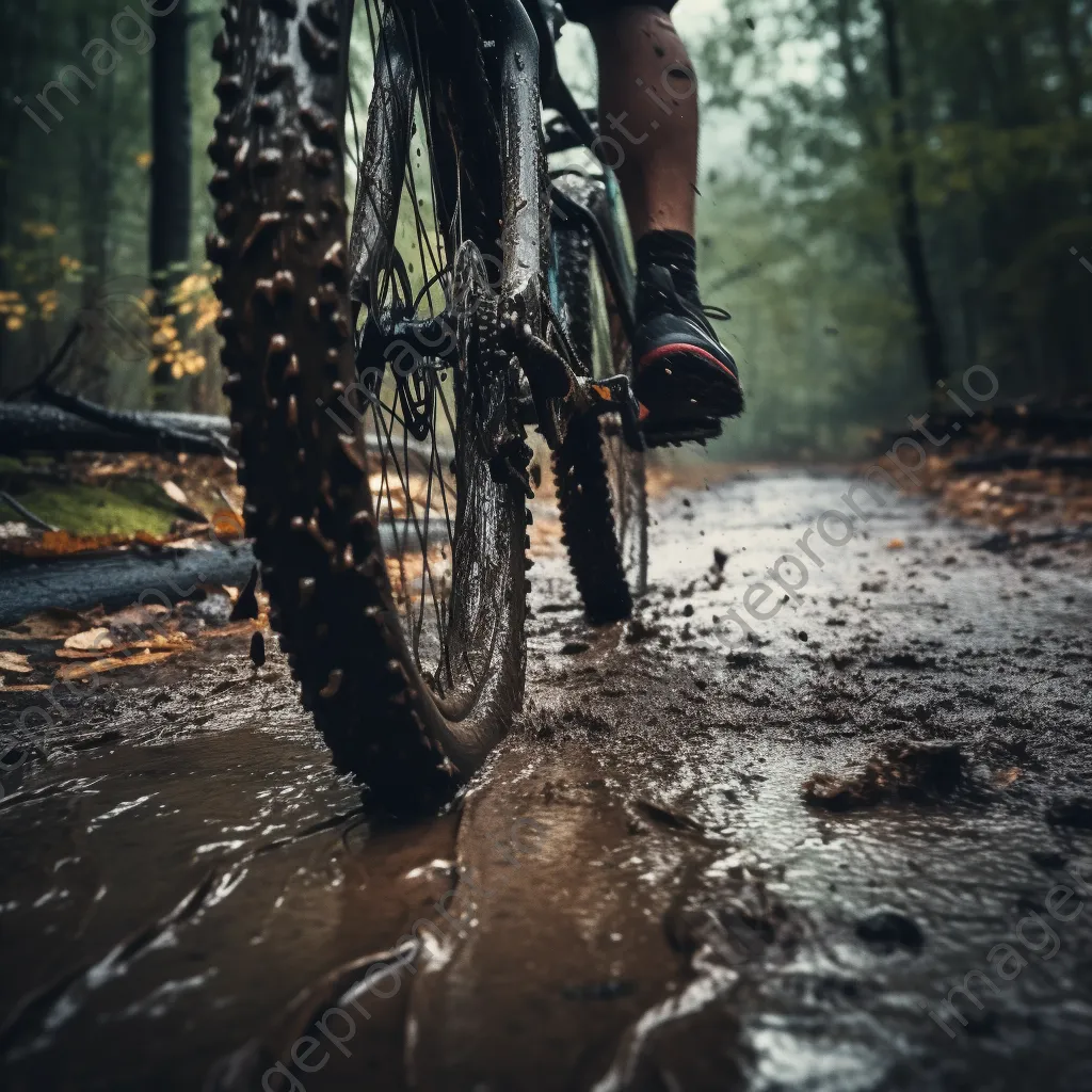 Close-up of a mountain bike tire in muddy terrain with surrounding forest. - Image 4