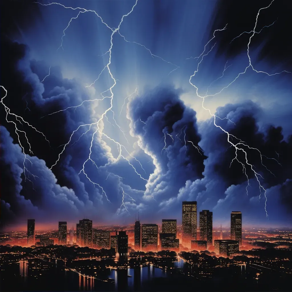 Illustration of a city skyline at night during a thunderstorm with bright lightning strikes. - Image 2