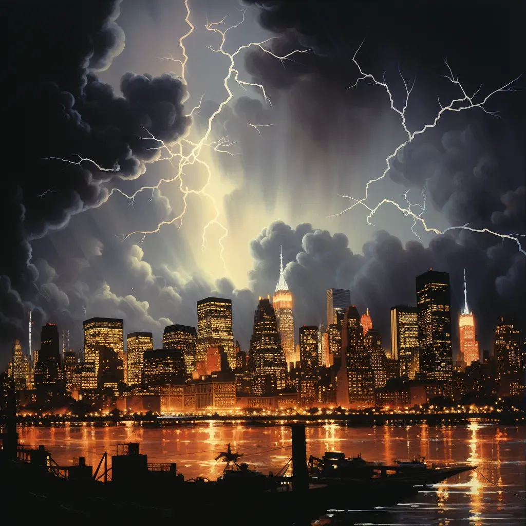 Illustration of a city skyline at night during a thunderstorm with bright lightning strikes. - Image 3