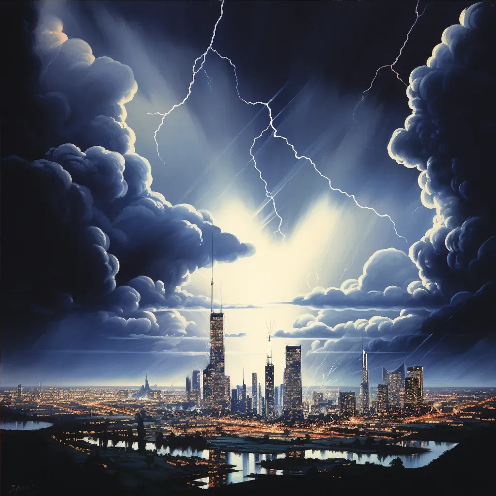 Illustration of a city skyline at night during a thunderstorm with bright lightning strikes. - Image 4