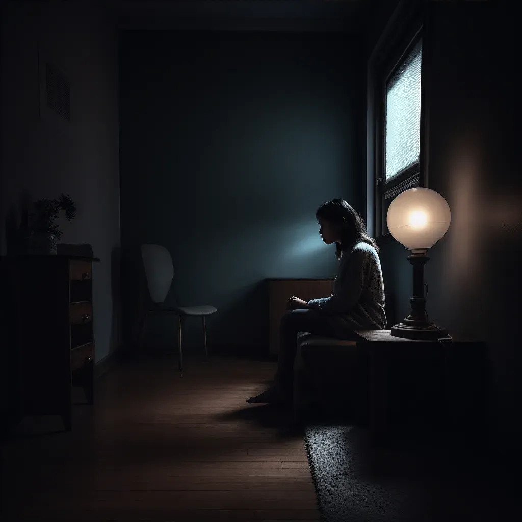 A person staring at a solitary lamp in a dark room - Image 4