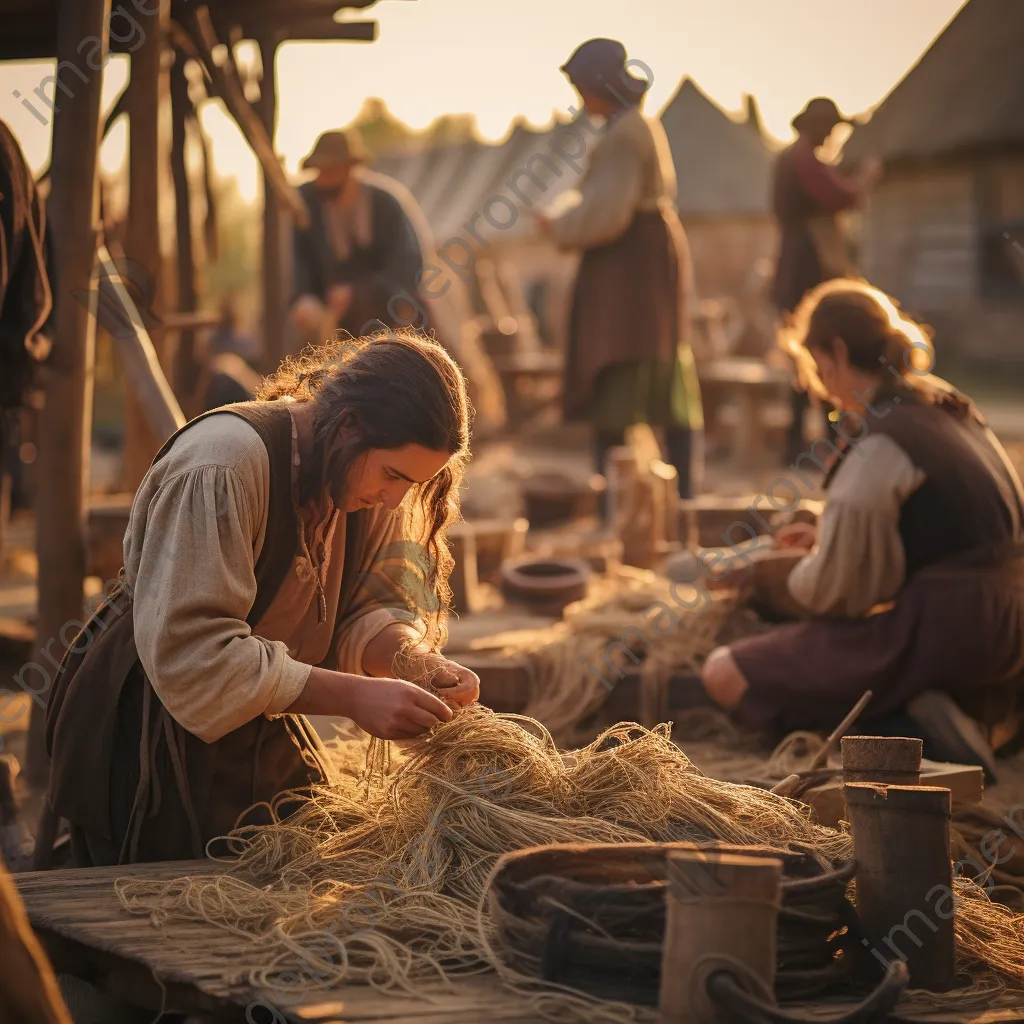 Artisans in period costumes reenacting rope making - Image 1