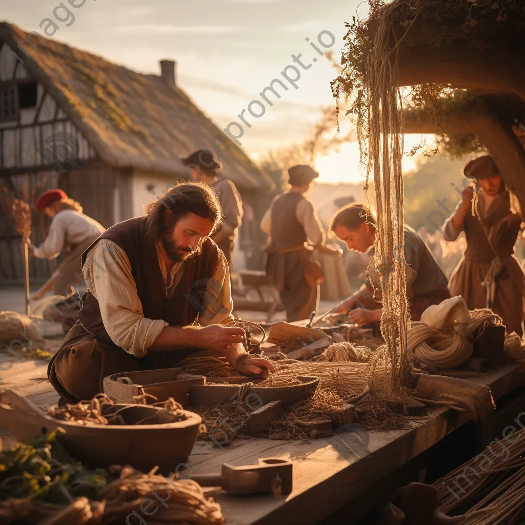 Artisans in period costumes reenacting rope making - Image 2