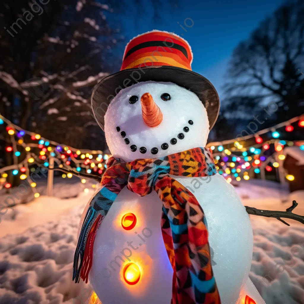 Snowman decorated with a scarf in a snowy yard - Image 1