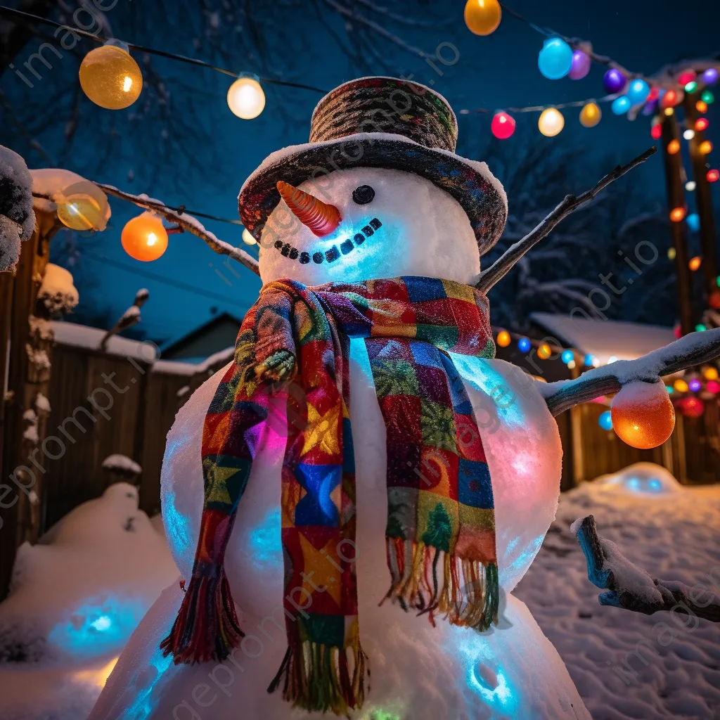 Snowman decorated with a scarf in a snowy yard - Image 2