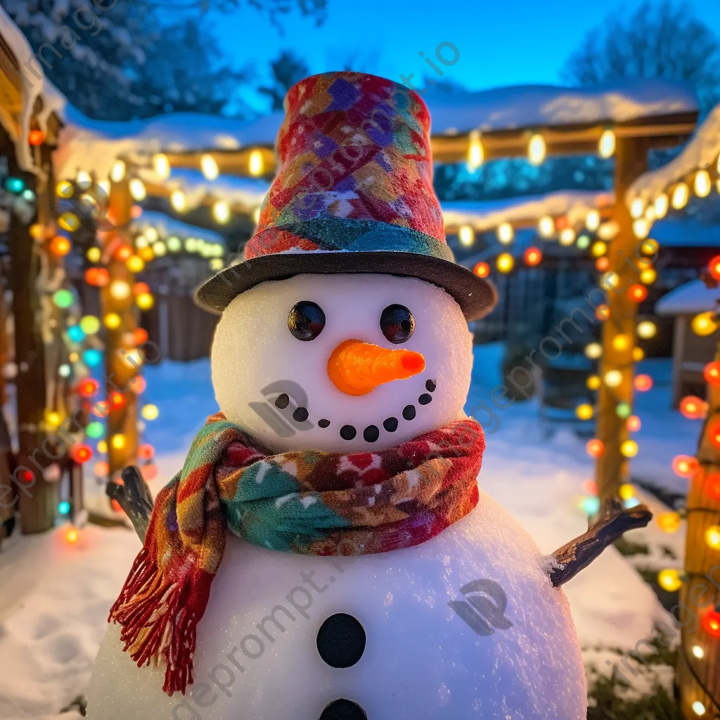 Snowman decorated with a scarf in a snowy yard - Image 3