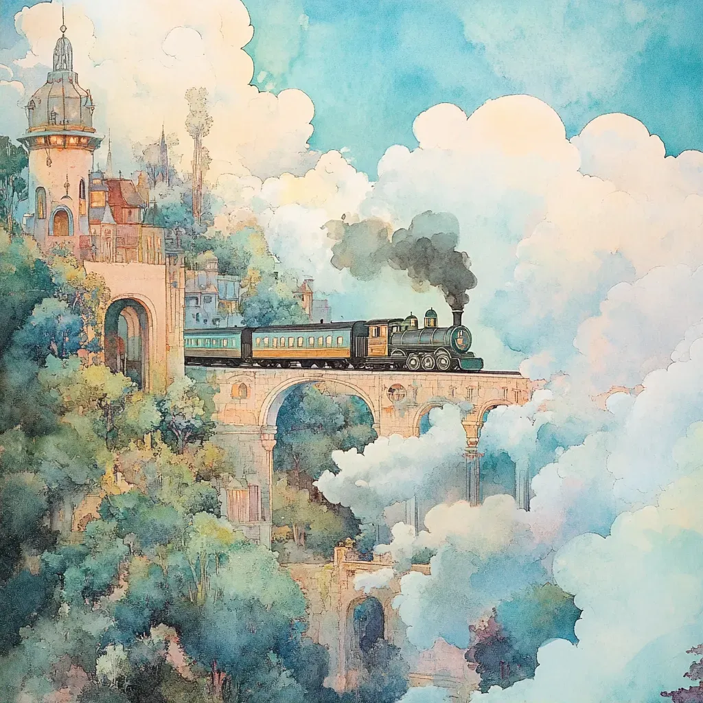 Soft watercolor of a magical train journey through dreamy landscapes - Image 2