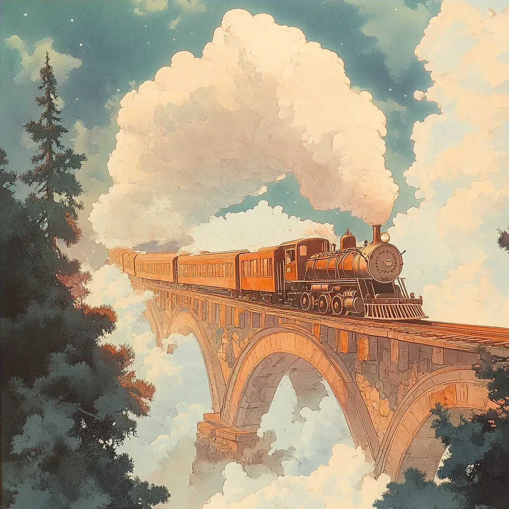 Soft watercolor of a magical train journey through dreamy landscapes - Image 4