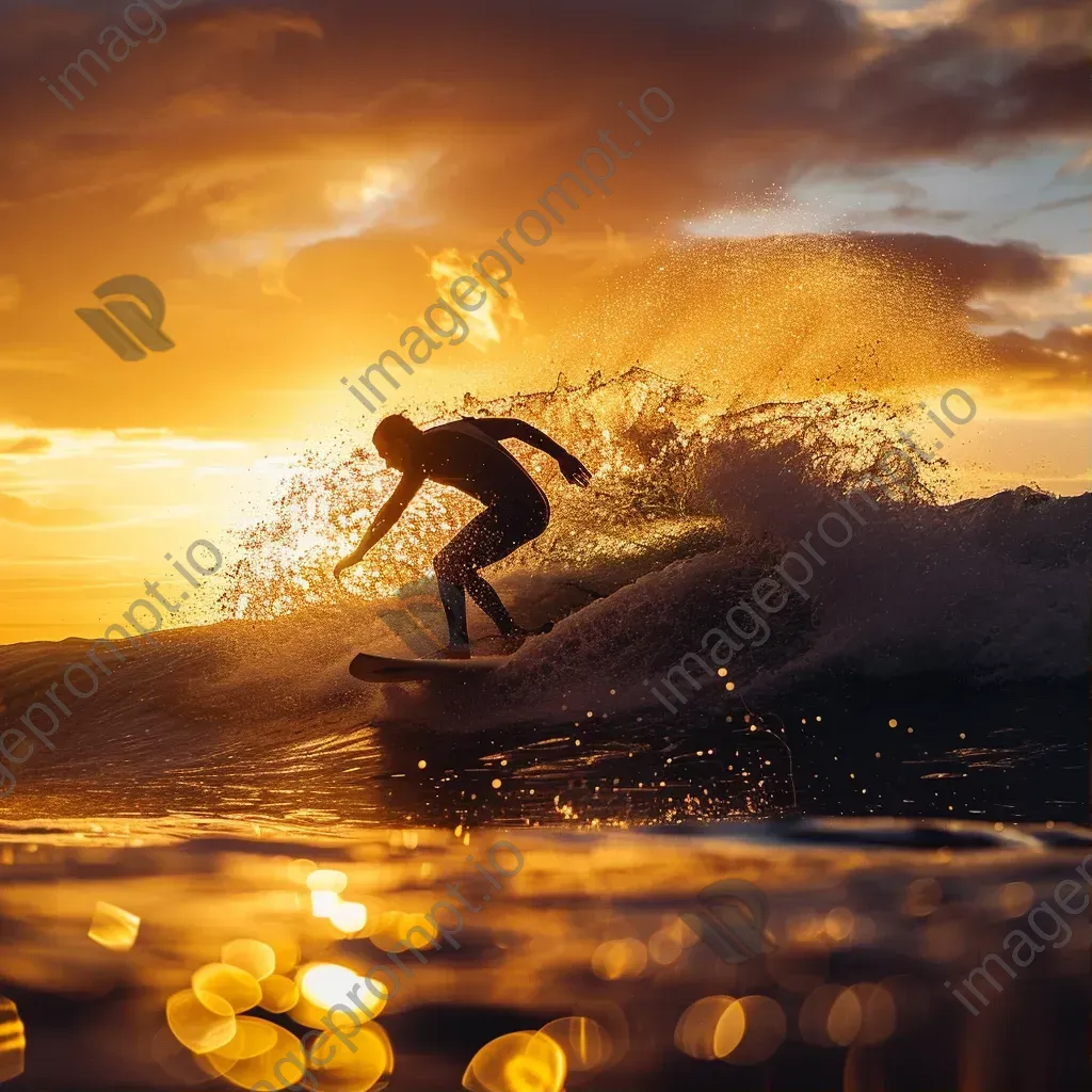 Surfer catching a wave in golden sunset light - Image 1