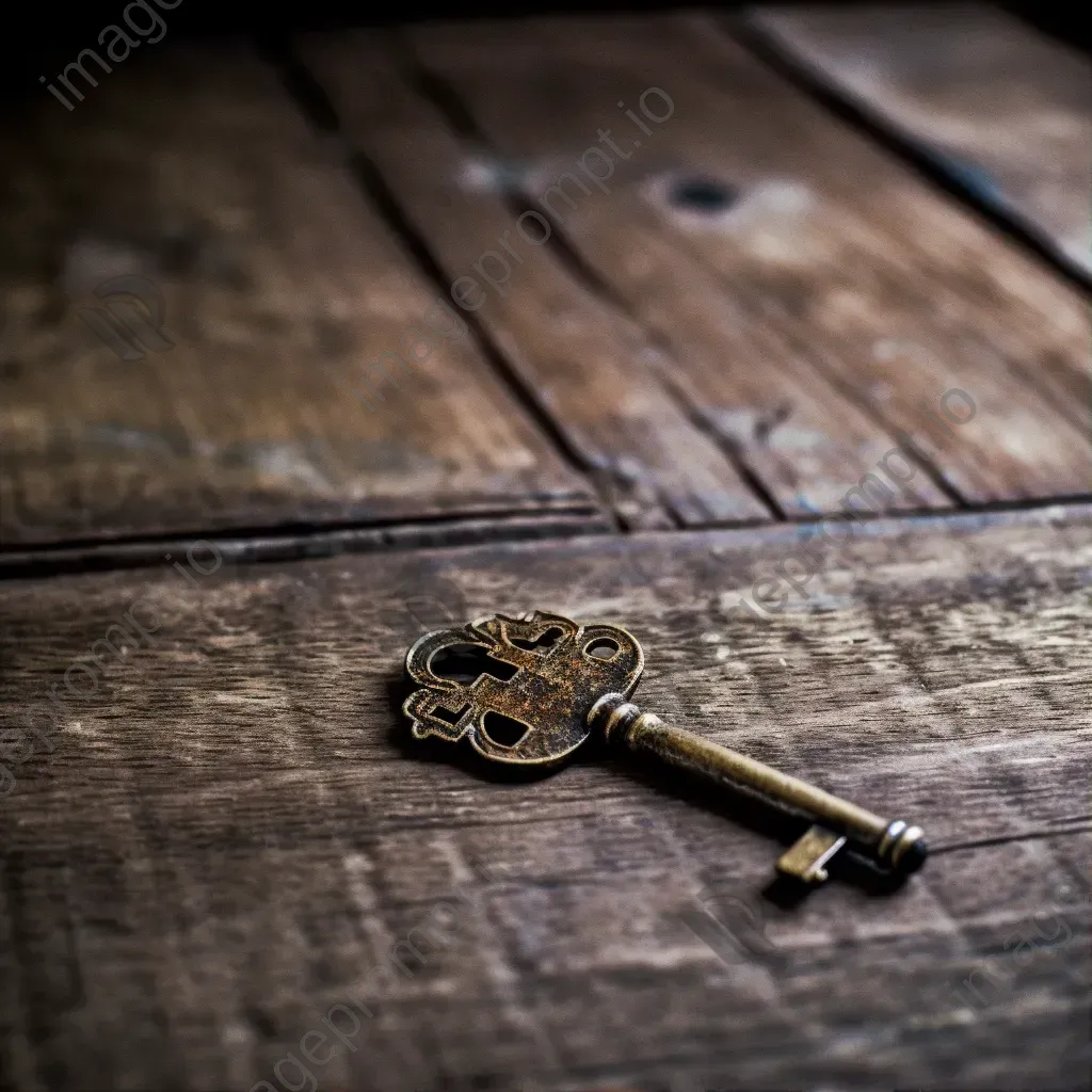 Vintage key on rustic wooden table - Image 1