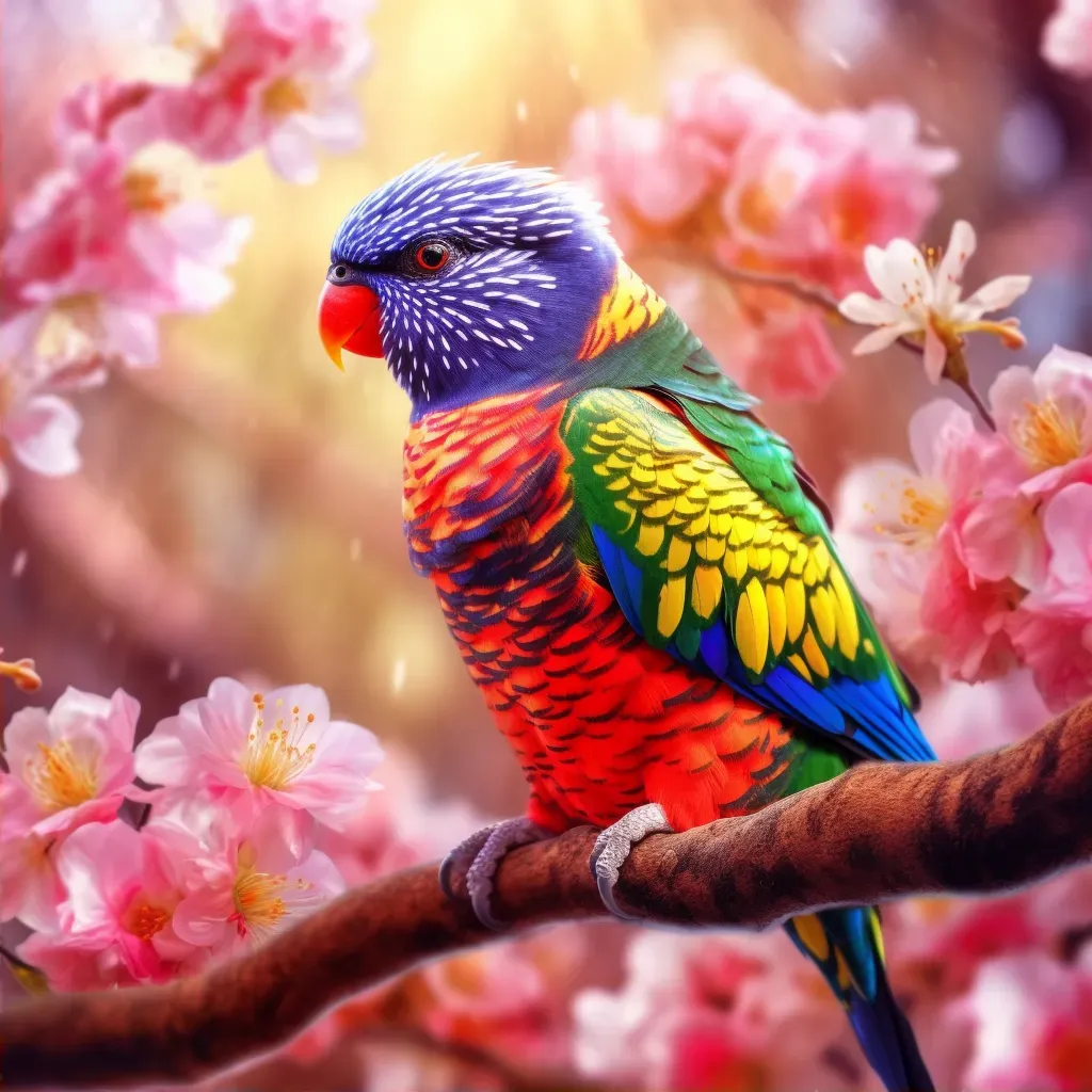 Rainbow lorikeet perched on a blooming cherry blossom branch - Image 2