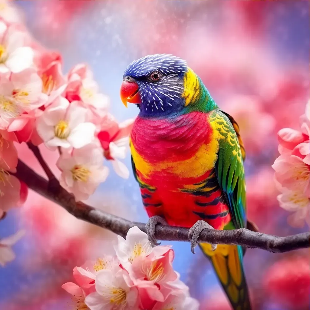 Rainbow lorikeet perched on a blooming cherry blossom branch - Image 3