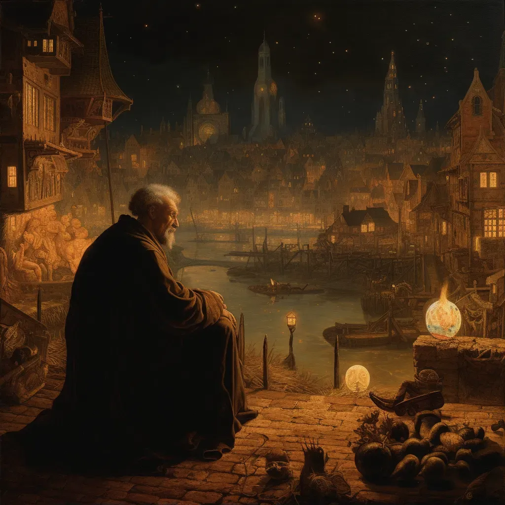 Image of contemplative monk in city night - Image 2