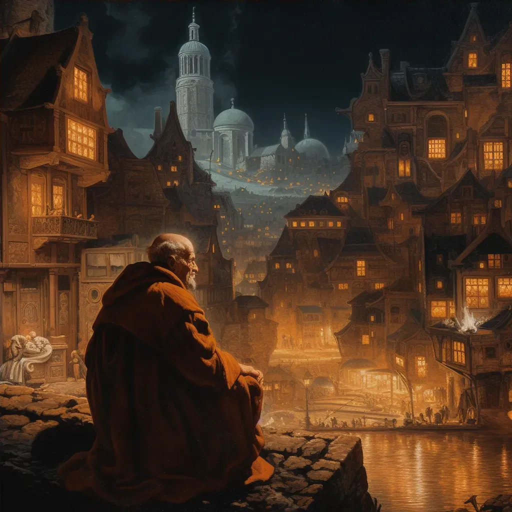 Image of contemplative monk in city night - Image 4