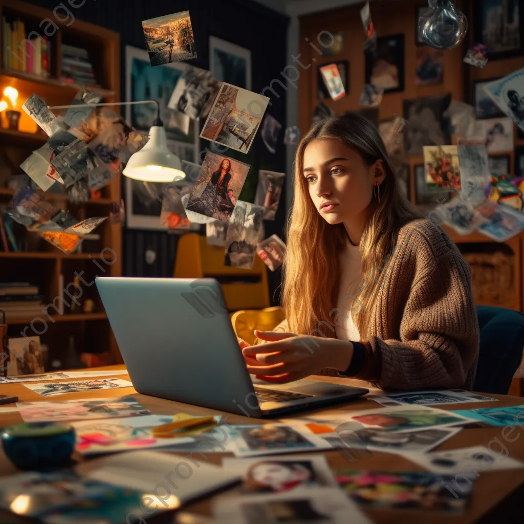 Woman engaging in an online class with a laptop and study materials. - Image 1