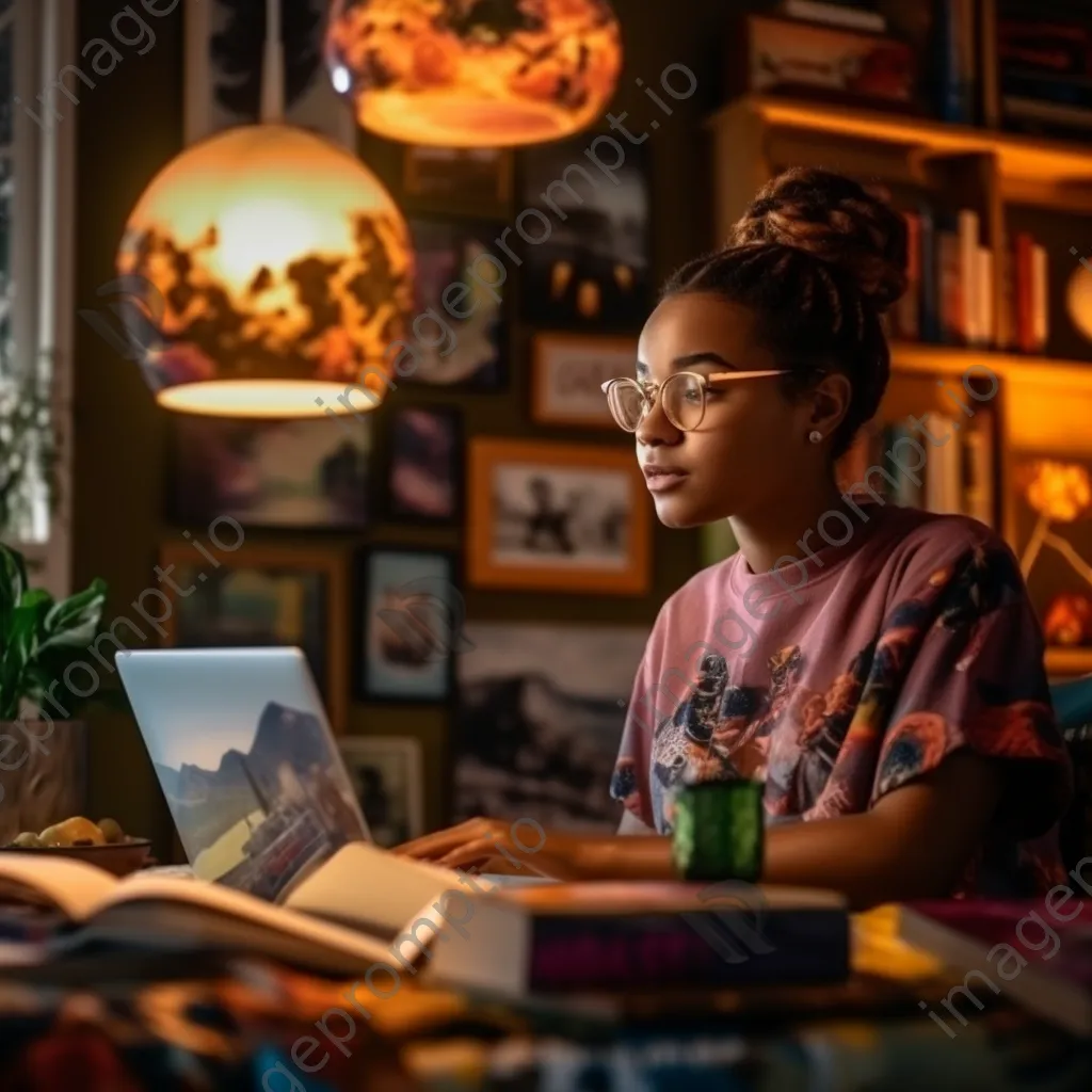 Woman engaging in an online class with a laptop and study materials. - Image 3