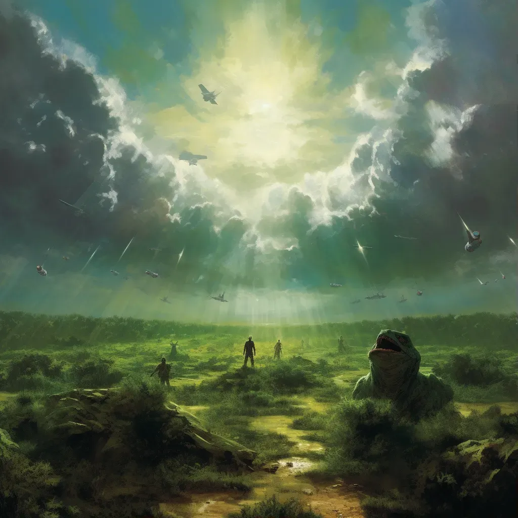 Illustration of a lush, green alien world with oversized wildlife under a sky with multiple suns - Image 1