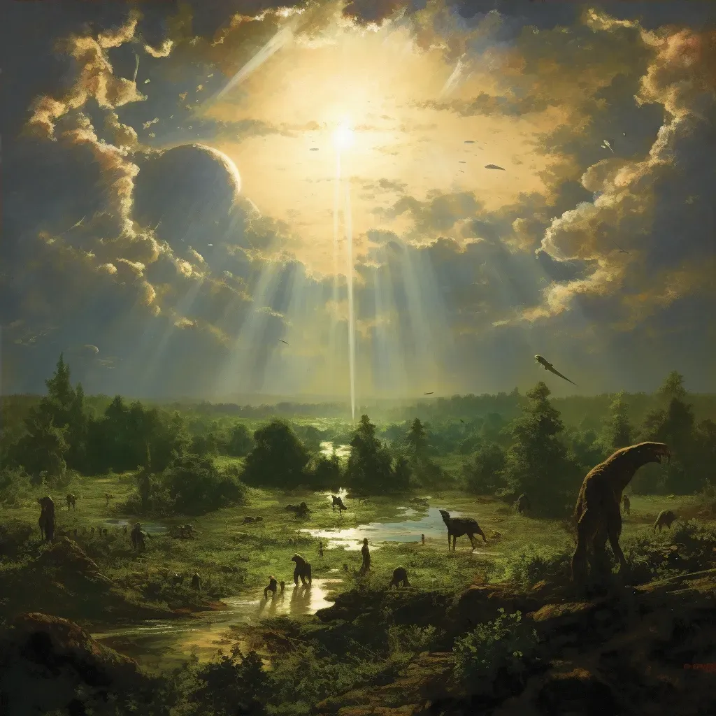 Illustration of a lush, green alien world with oversized wildlife under a sky with multiple suns - Image 4