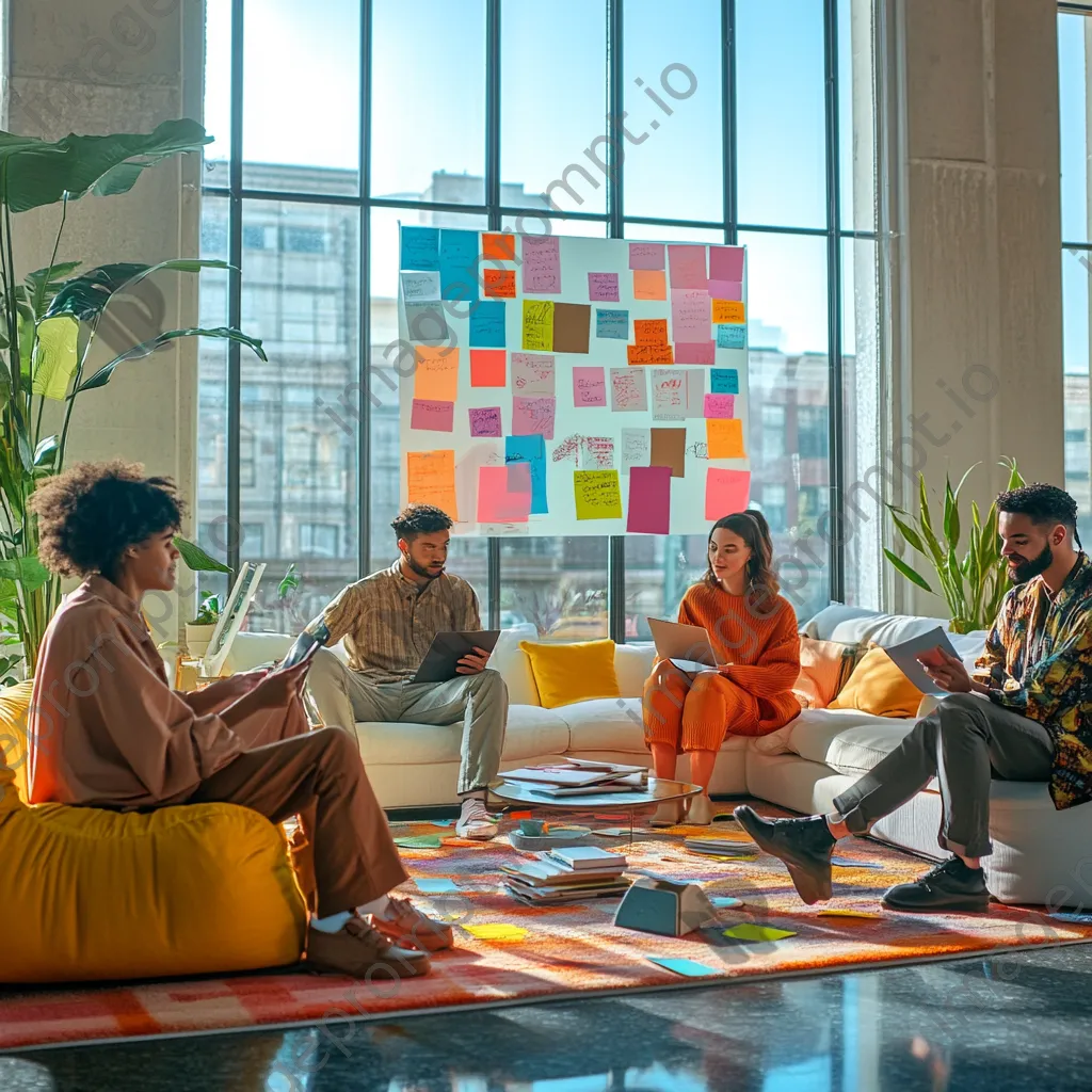 Diverse professionals brainstorming with sticky notes in a well-lit room - Image 1