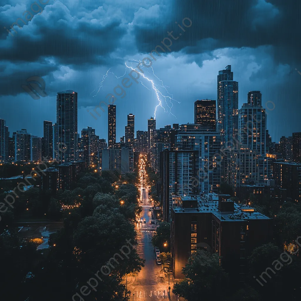 Thunderstorm with rain and lightning over a city skyline. - Image 1