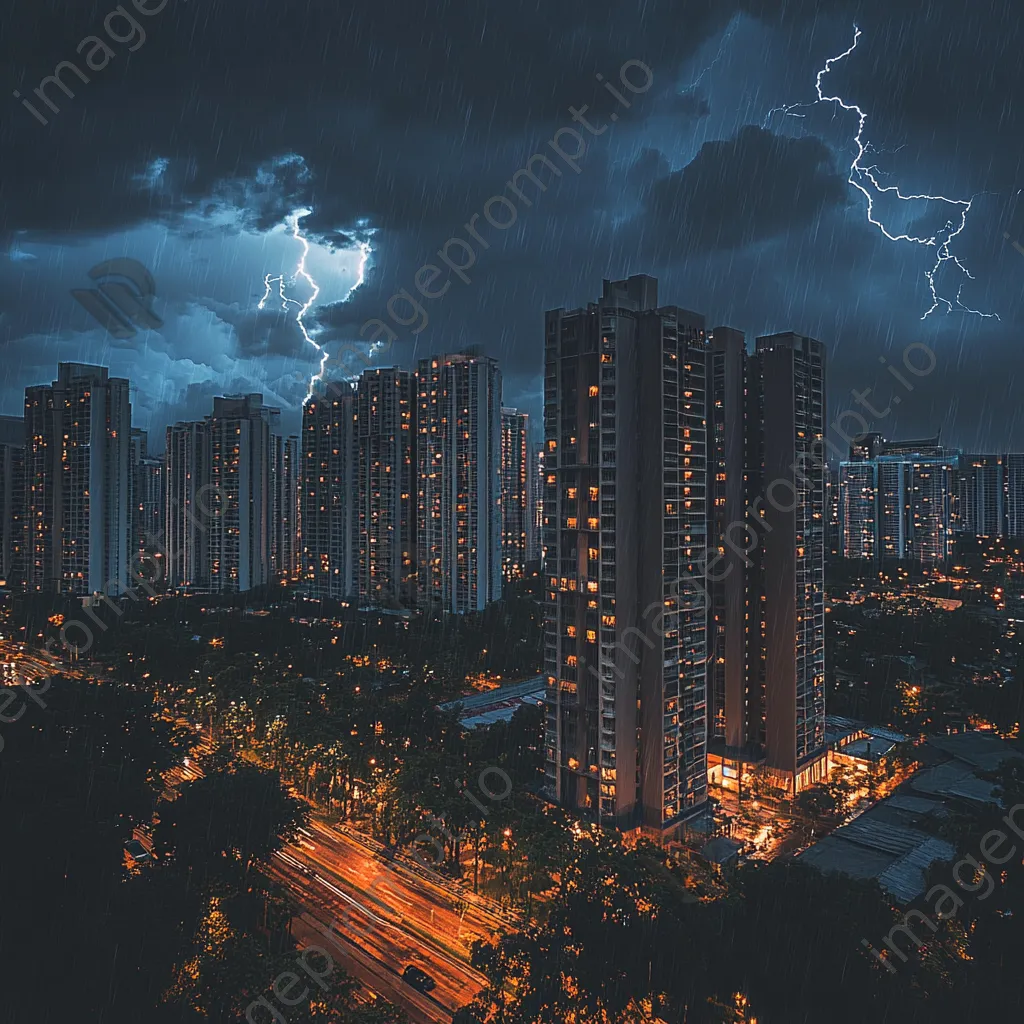 Thunderstorm with rain and lightning over a city skyline. - Image 2