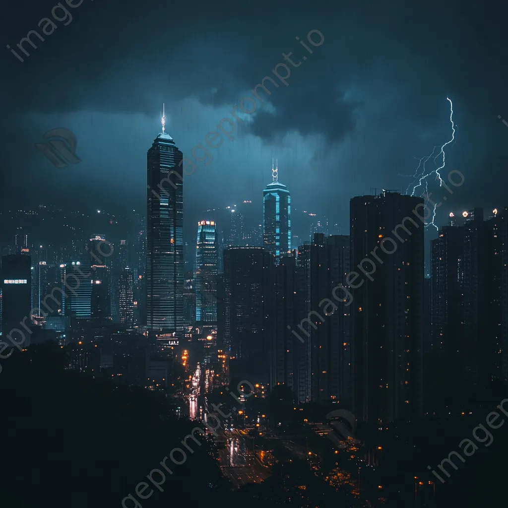 Thunderstorm with rain and lightning over a city skyline. - Image 3