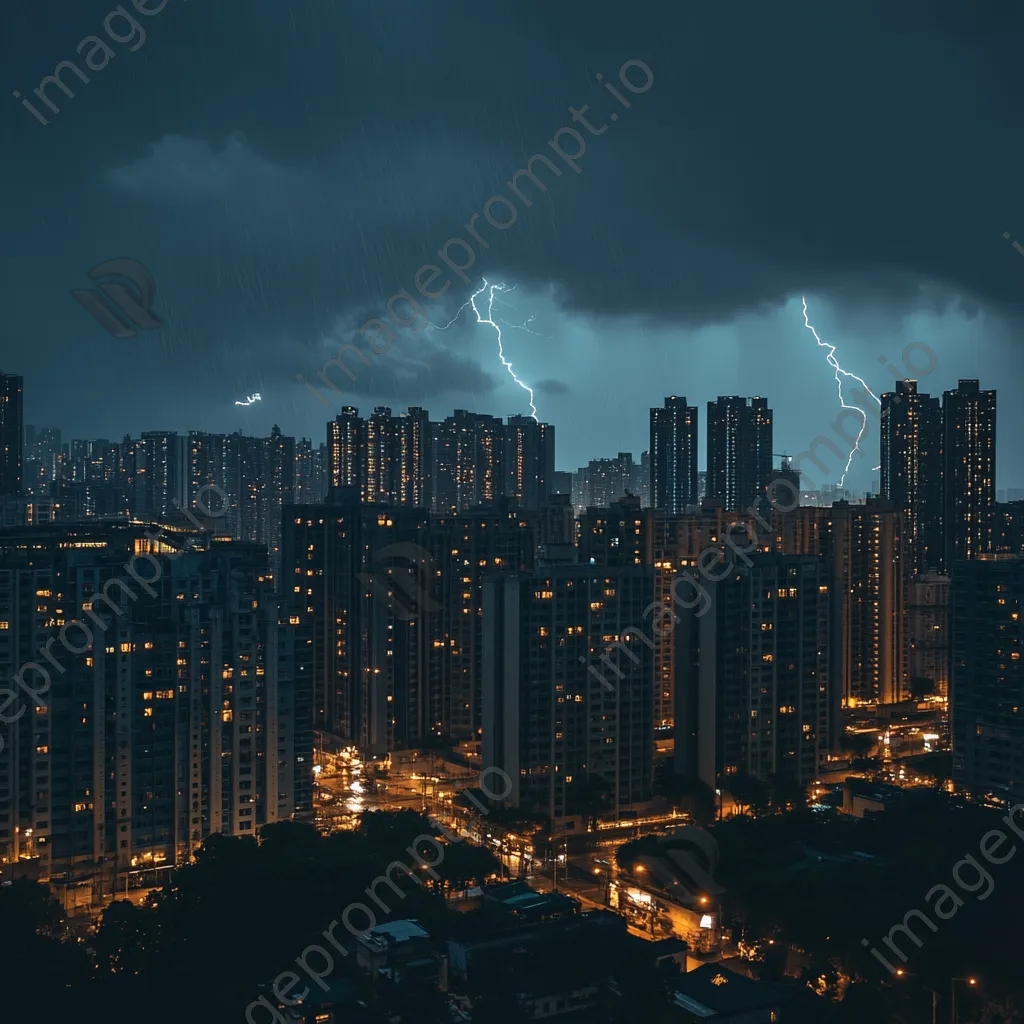 Thunderstorm with rain and lightning over a city skyline. - Image 4