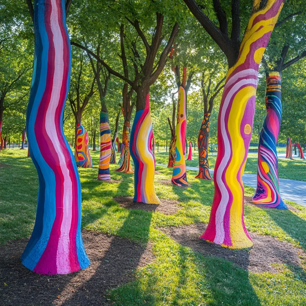 Colorfully painted trees in a public park as a statement of environmental consciousness - Image 2