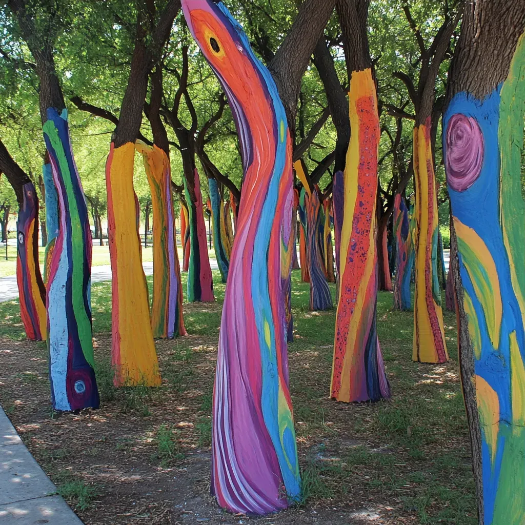 Colorfully painted trees in a public park as a statement of environmental consciousness - Image 3