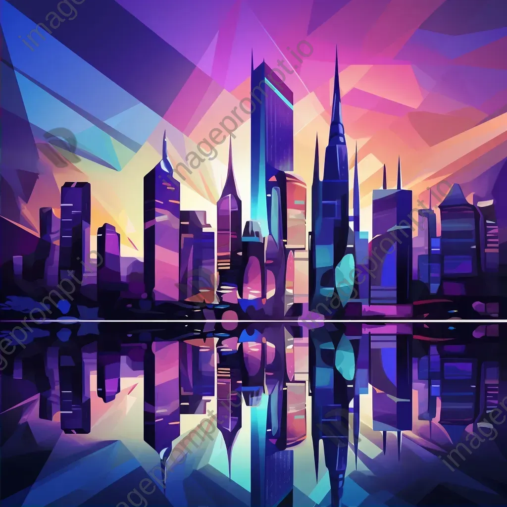 Abstract skyline of Art Deco buildings at twilight in low poly style - Image 2