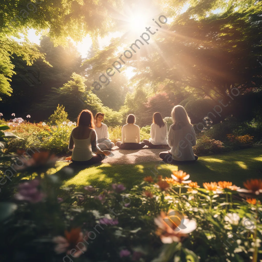 Individuals meditating in a lush garden surrounded by flowers. - Image 1