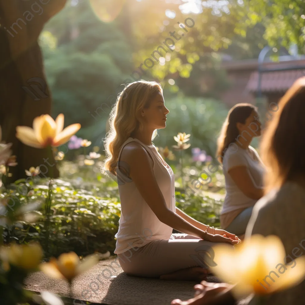 Individuals meditating in a lush garden surrounded by flowers. - Image 3