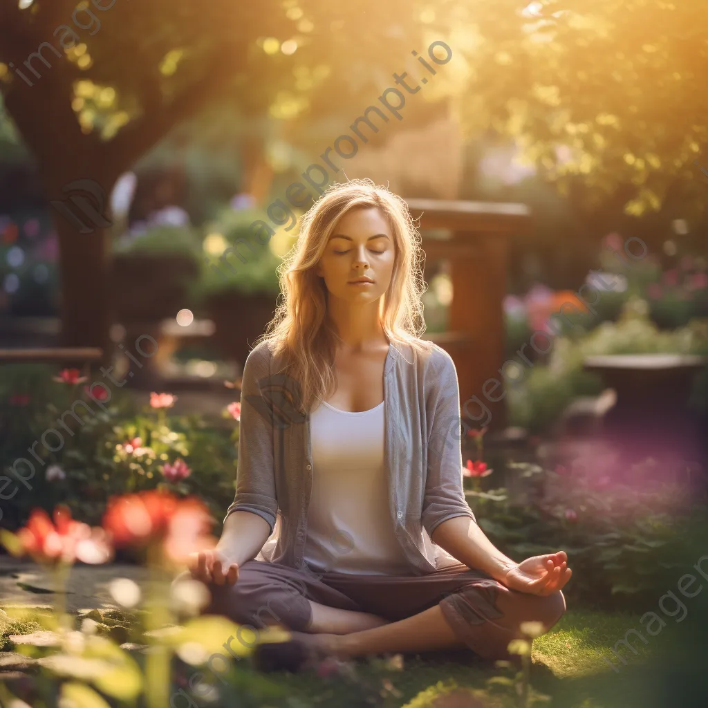 Individuals meditating in a lush garden surrounded by flowers. - Image 4