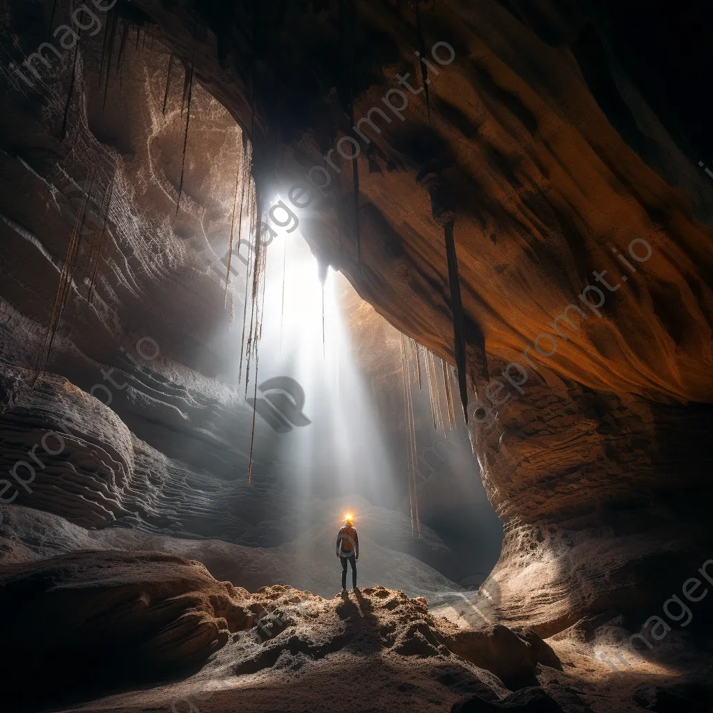 Spelunker surrounded by intricate cave formations and light beams - Image 1