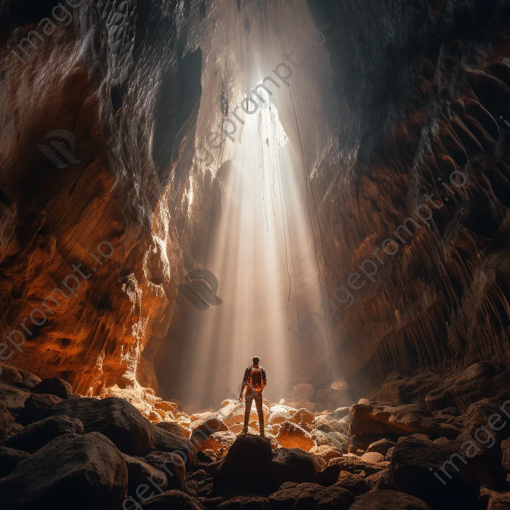 Spelunker surrounded by intricate cave formations and light beams - Image 2